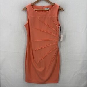 Calvin Klein Dress Womens 12P Peach Sleeveless Sheath Ruched Pleated Knee Length